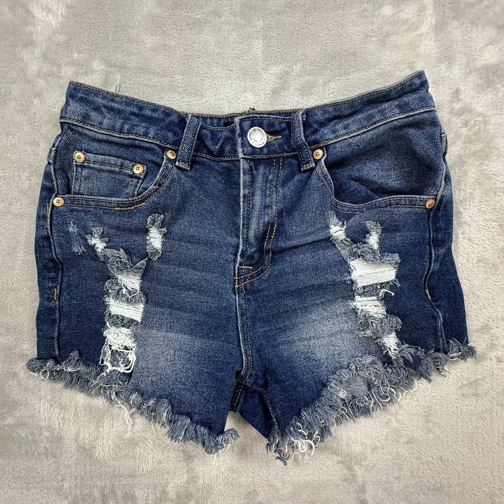 Almost Famous Cut Off Shorts Womens Size 1 Blue Denim Distressed Ripped Casual